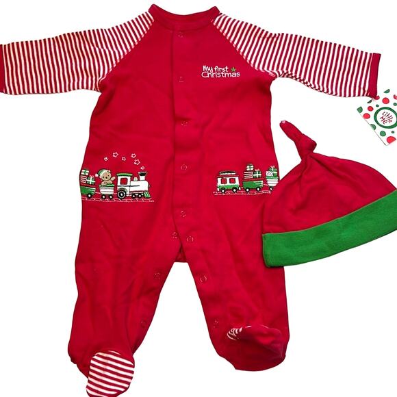 Little Me Red & White Striped Sleeper Bodysuit w/ Hat, “My First Christmas”, NWT - Picture 1 of 6